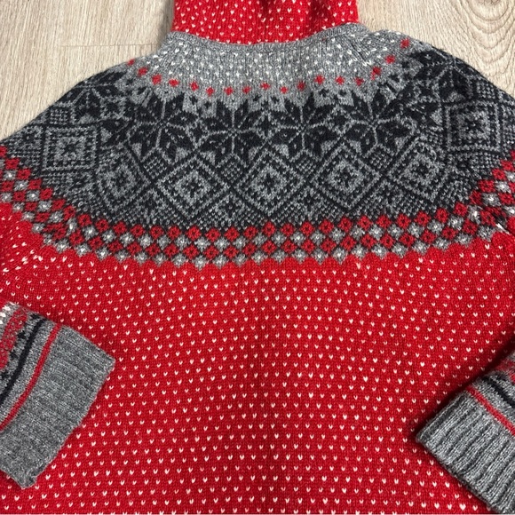 SKYR 100% Wool Nordic Fair Isle Hooded Full Zip Sweater in Red Grey Black Size L - Picture 3 of 5